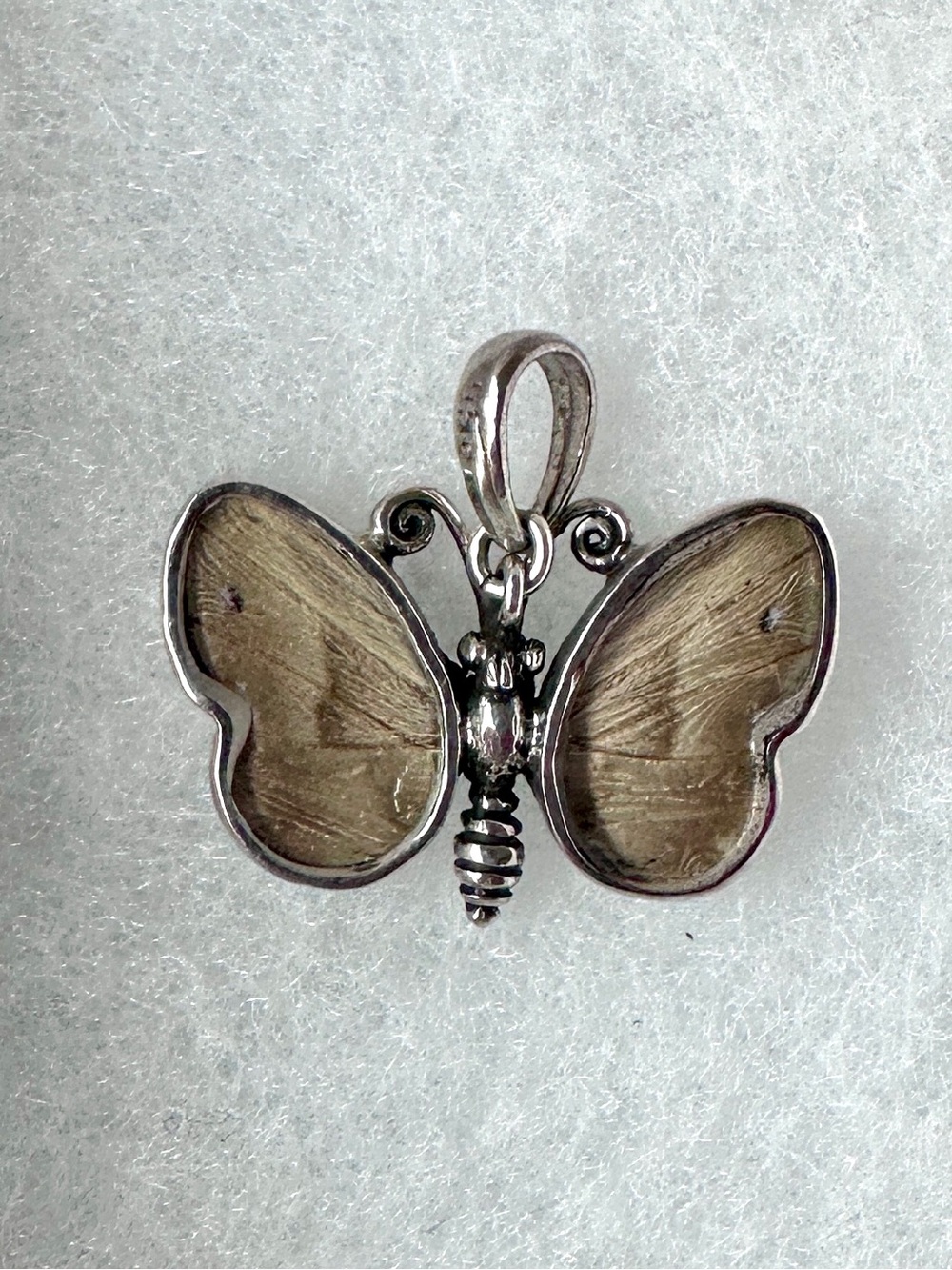Reversible Silver Butterfly Pendant with Blue-Green and Camouflage Wings - Picture 2 of 5